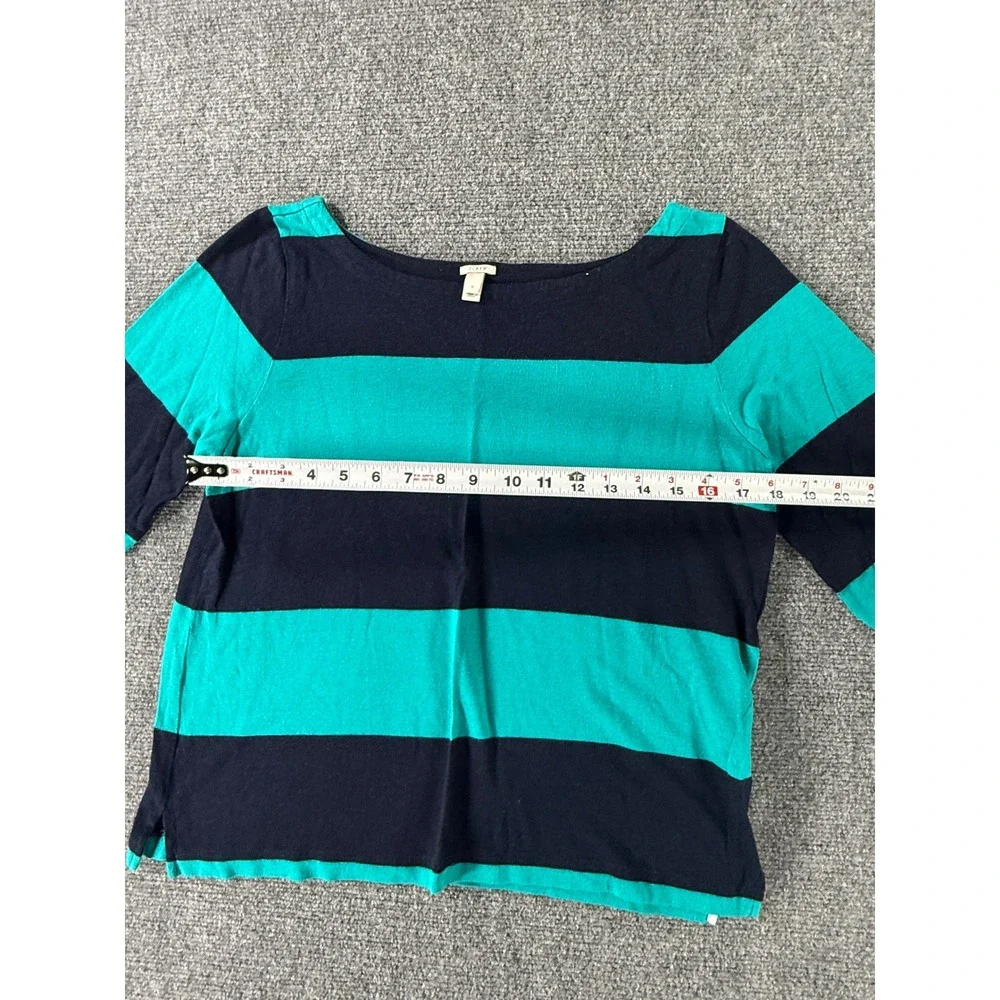 J.Crew Womens Navy Blue Teal Striped Boat Neck 3/4 Sleeve Knit Top‎ Size M